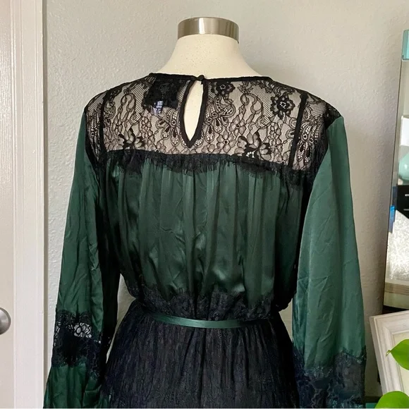 Johnny Was Emerald Green 100% Silk Maxi Dress Black Lace Accents Sz Large Belt - Picture 7 of 15